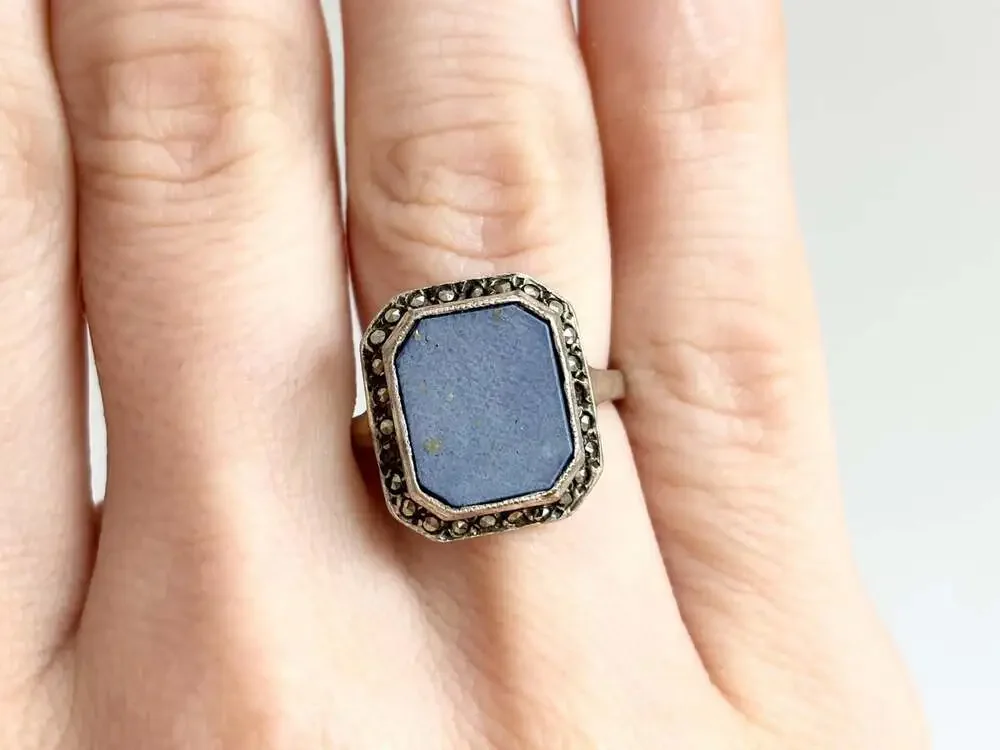 Lapis Lazuli Blue Octagon Shaped Marcasite Framed Gemstone Bezel Set Sterling Si